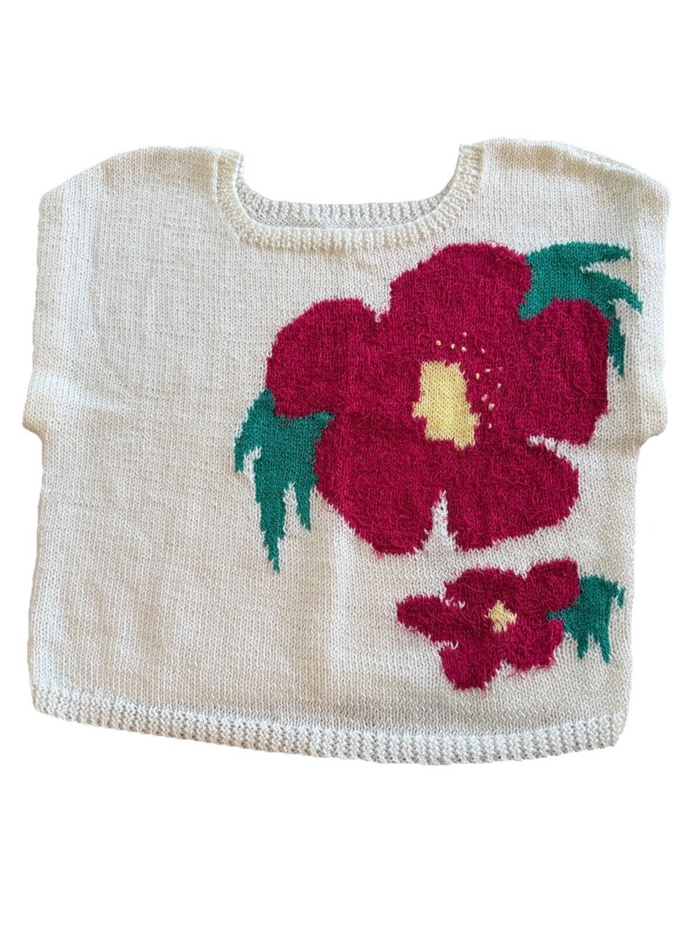 Vintage Style Hand Knit Floral Sleeveless Top Fits Med Cottagecore Slow Fashion